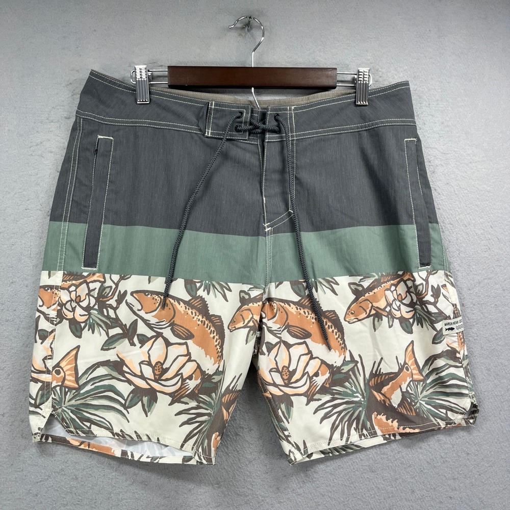Marsh Wear Board Shorts Men 34 Gray Fish Floral Hybrid Swim Trunks Surf Gorpcore